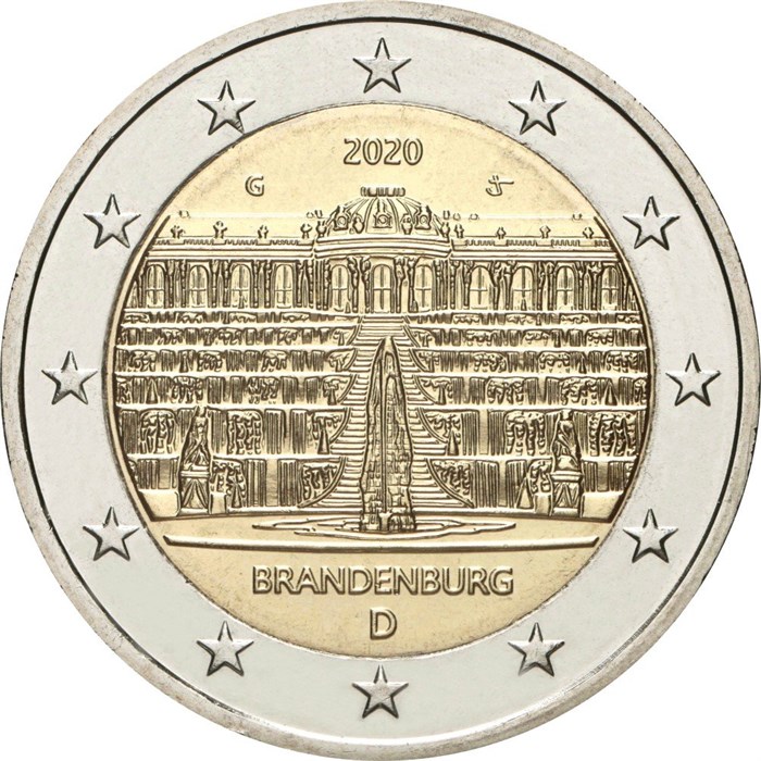 2 евро - Бранденбург, дворец Сан-Суси в Потсдаме, Германия, 2020 год, UNC 12731