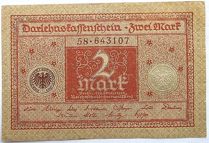 Банкнота 2 марки - Германия, 1920 год 14307