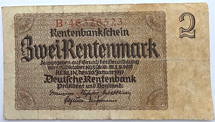 Банкнота 2 рентенмарки - Германия, 1937 год 14323